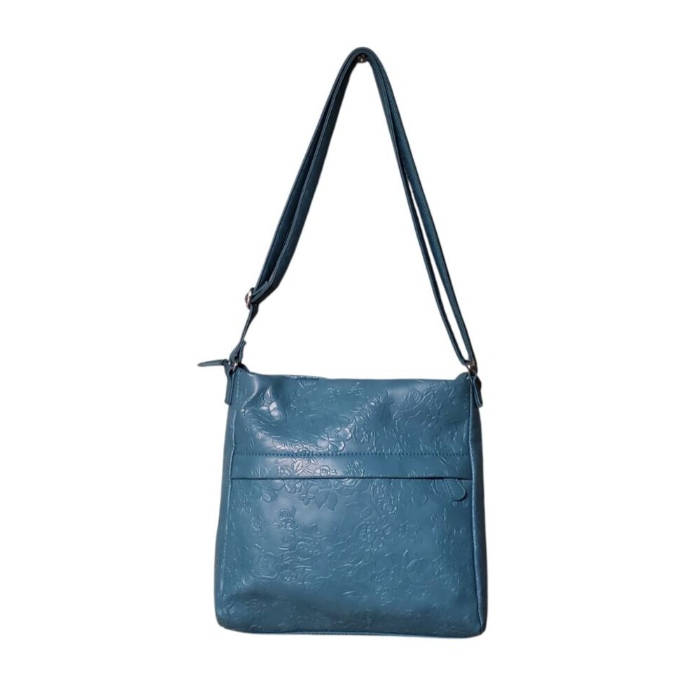 MultiSac Lorraine Crossbody Bag Beach Glass Flowers Blue Teal Floral Embossed - Picture 2 of 10
